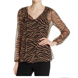 Kobi Halperin Zebra Print Silk Blouse Tan Black Ruffle Tie Neck Medium